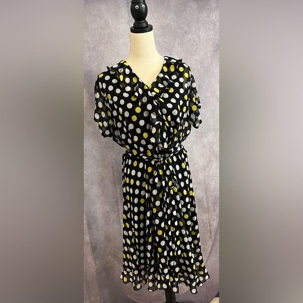 JBS Navy Blue Sheer Polka Dot Blouson Dress Yellow & White Dots Ruffled Hem 18WP